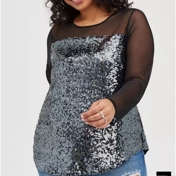 NWT TORRID Mesh and Sequins Top Women's SZ 1X 14-16 Black Lined Shine Party - Picture 1 of 13